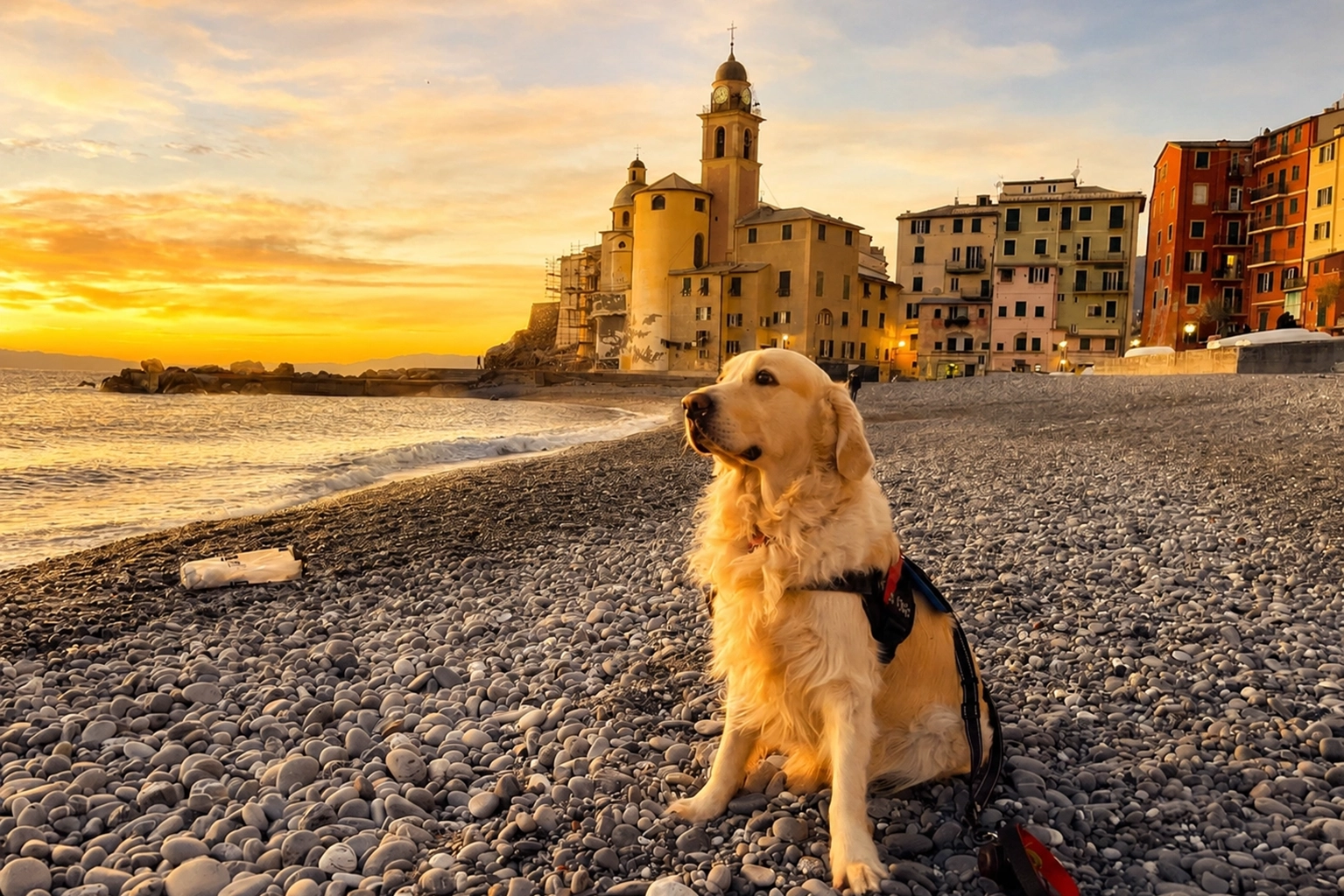 Golden retriever sulla spiaggia di Camogli al tramonto
