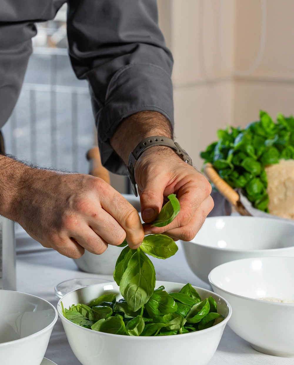 Mani che raccolgono foglie di basilico per il pesto
