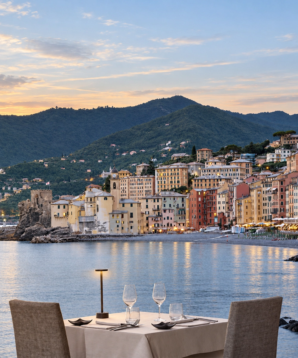 Tavolo del Ristorante La Playa al tramonto con vista su Camogli