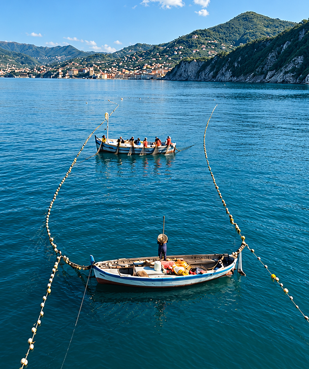 Barche e reti della Tonnarella di Camogli a Punta Chiappa