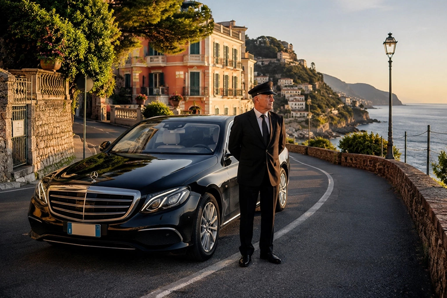 Autista con auto di lusso per i transfer dell'hotel sulla strada costiera